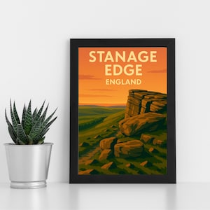 Stanage Edge Digitaldruck Kunstwerk l Peak Distrikt Nationalpark l Individuelles Poster, Postkarte, gerahmter Druck, Grußkarte l Portrait