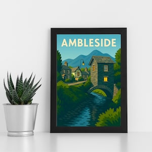 Arte digital de Ambleside l Parque Nacional Lake District l Pôster personalizado, cartão postal, impressão emoldurada, cartão comemorativo l Retrato