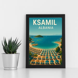 Ksamil Albânia Impressão digital Arte l Albânia l Pôster personalizado, cartão postal, impressão emoldurada, cartão comemorativo l Retrato