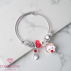 Cute Charm Bracelet with Heart and Cartoon Pendants Silver Cable Bangle for Girls