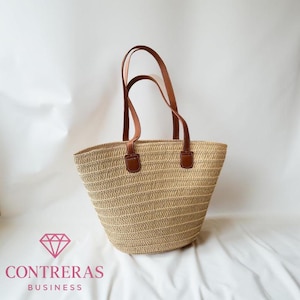 Sac fourre-tout en paille tressée avec poignées en cuir, sac de plage, sac à main d'été, sac à main fait main
