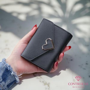 Minimalist Black Heart Wallet Cute Small Vegan Leather Card Holder for Women Gift for Her