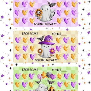 May include: Three Halloween-themed budget sheets with a white background and a pattern of stars. Each sheet features a ghost, bats, and heart icons. The text "BONFIRE BUDGETS" is displayed on each sheet. The sheets are in shades of purple, orange, and green.