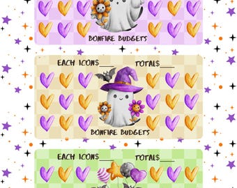 May include: Three Halloween-themed budget sheets with a white background and a pattern of stars. Each sheet features a ghost, bats, and heart icons. The text "BONFIRE BUDGETS" is displayed on each sheet. The sheets are in shades of purple, orange, and green.