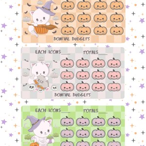 Peut inclure: Trois feuilles de Bonfire Budgets sur le thème d'Halloween avec des illustrations d'un chat blanc avec un chapeau de sorcière, des citrouilles, des chauves-souris et des crânes. Chaque feuille a des espaces pour les icônes et les totaux.