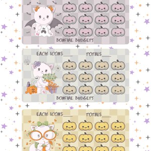 May include: Three Halloween-themed Bonfire Budgets cards with cute cat illustrations. Each card features a different cat character, pumpkin icons, and spaces for totals. The cards are decorated with bats, spiderwebs, and stars.