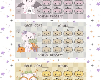 May include: Three Halloween-themed Bonfire Budgets cards with cute cat illustrations. Each card features a different cat character, pumpkin icons, and spaces for totals. The cards are decorated with bats, spiderwebs, and stars.