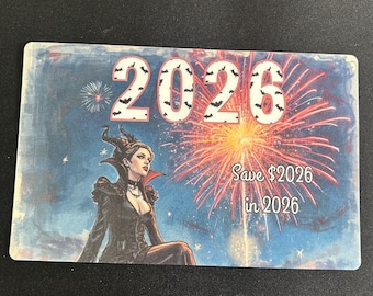 May include: Rectangular card with a vintage design. The card features the number "2026" in large white letters with bat silhouettes. A woman in a black dress and a red collar is seated in front of a fireworks display. Text reads "Save $2026 in 2026."