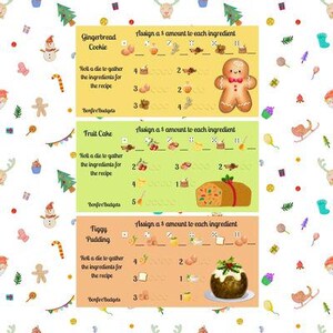 May include: Three recipe cards for Gingerbread Cookie, Fruit Cake, and Figgy Pudding, with illustrations of ingredients and instructions. The cards are on a white background with Christmas-themed illustrations.