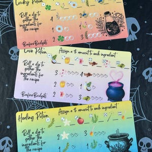 May include: Three colorful cards with a potion theme. Each card has a different potion name: Lucky Potion, Love Potion, and Healing Potion. Each card has a die, ingredients, and a cauldron. The cards are designed for a game or activity.