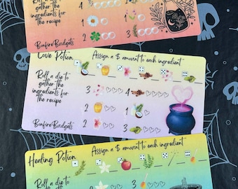May include: Three colorful cards with a potion theme. Each card has a different potion name: Lucky Potion, Love Potion, and Healing Potion. Each card has a die, ingredients, and a cauldron. The cards are designed for a game or activity.