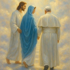 Può includere: Un dipinto che raffigura Gesù, Maria e Papa Francesco che camminano insieme su un sentiero di nuvole. Il cielo è di un azzurro tenue con nuvole bianche. Il testo in basso recita "Per favore, non dimenticatevi di pregare per me" e "Franciscus".