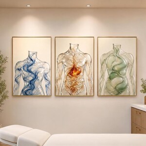 May include: A set of three rectangular wall art prints featuring translucent human torso silhouettes. The left print shows blue swirling patterns, the center print displays an orange glowing heart and internal structures, and the right print contains green organic shapes.