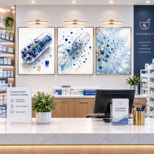 Könnte beinhalten: Ein Apothekeninnenraum mit einer weißen Marmortheke, einem Computerbildschirm und einem Schild mit der Aufschrift Trusted Care Close to Home. Drei gerahmte abstrakte Kunstdrucke mit blauen und silbernen Kugeln in Kapseln hängen an der Wand.