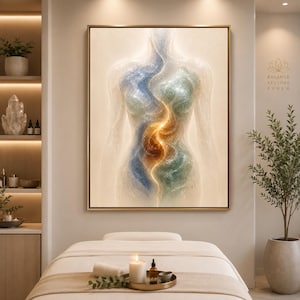 May include: A rectangular wall art print featuring an abstract human torso silhouette filled with swirling blue, green, and gold light patterns. The artwork is framed in gold and displayed above a massage table with a candle and small bottle.