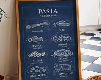 Pasta Wall Art | Pasta Shapes | Blueprint Art | Kitchen Prints | Pasta Illustration | Italian Kitchen | Modern Kitchen Decor | Gift For Chef