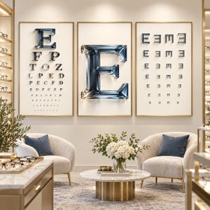 May include: Three framed wall art pieces featuring eye chart designs with metallic blue letters on a white background. The centre piece displays a large letter E, while the side pieces show rows of letters and E symbols in varying sizes.