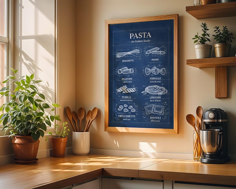 Pasta Wall Art | Pasta Shapes | Blueprint Art | Kitchen Prints | Pasta ...