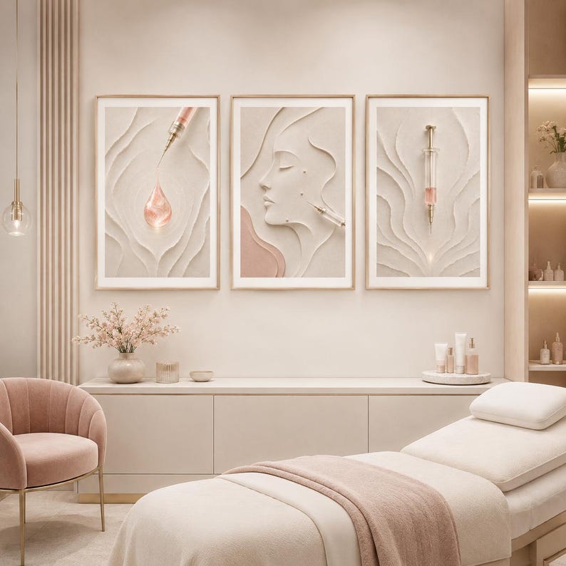 Botox Injector Med Spa väggkonst set om tre | estetisk klinikdekor | kosmetiska kliniktryck | neutral rouge guld | väntrumsreception bild 3