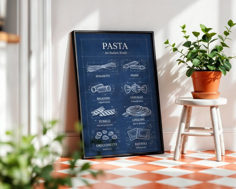 Pasta Wall Art | Pasta Shapes | Blueprint Art | Kitchen Prints | Pasta ...