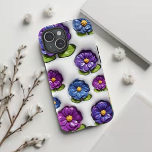 Funda para iPhone con diseño de hortensia 3D y flores de dibujos animados / Bonita funda floral para teléfono / Diseño de hortensia azul y morado brillante / Accesorio estético y divertido para teléfono