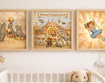Decoración infantil de circo / Arte mural para habitación de bebé / Arte circense / Decoración de interiores de circo / Estética circense vintage / Lámina artística de circo