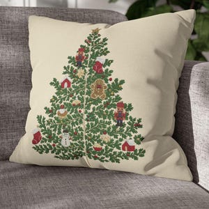 Embroidered Style Christmas Tree Pillow Cover | Nutcracker & Gingerbread Tree Cushion, Festive Winter Throw Pillow, Cozy Farmhouse Christmas