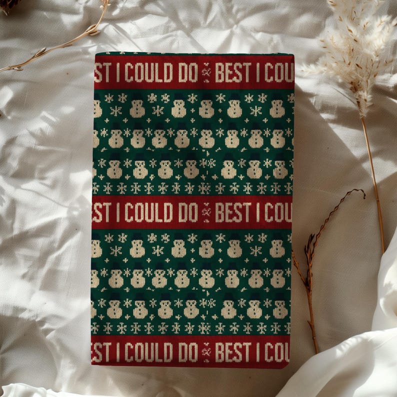 May include: A rectangular, Christmas-themed item with a green background and a repeating pattern of snowmen and snowflakes. The top and bottom feature a red band with the text "ST I COULD DO BEST I COU".