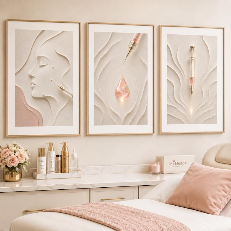 Botox Injector Med Spa väggkonst set om tre | estetisk klinikdekor | kosmetiska kliniktryck | neutral rouge guld | väntrumsreception bild 1