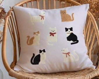 Cat Pillow Cover | Faux Beaded Throw Pillow | Kitten Decor | Cottage Core Style | Cat Cushion | Cute Kitty Pillows | Gift For Feline Lovers