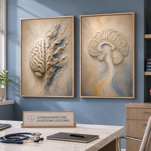 Op de afbeelding: Twee ingelijste wandkunstwerken met gestructureerde, reliëfachtige afbeeldingen van de menselijke hersenanatomie in beige, blauwe en gouden tinten. Een bureau-bordje toont de tekst COMPASSIONATE CARE. EXCEPTIONAL OUTCOMES. met een hart- en hartslagicoon.