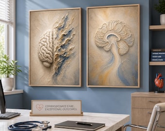 May include: Two framed wall art pieces featuring textured, relief-style depictions of human brain anatomy in beige, blue, and gold tones. A desk sign displays the text COMPASSIONATE CARE. EXCEPTIONAL OUTCOMES. with a heart and pulse line icon.