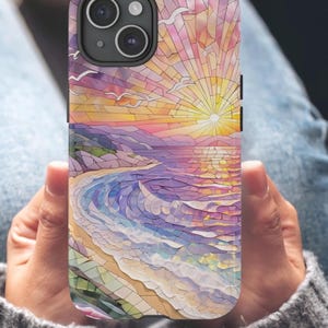 Ocean Sunset iPhone Case – Stained Glass Beach Phone Cover for iPhone 16, 15, 14 – Coastal Pastel Art Gift for Her, Summer Aesthetic Kawaii