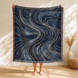 Blue Woven Blanket | Wave Blanket | Abstract Tapestry | Modern Throw Blanket | Blue Blanket | Patina | Couch Throw Blanket | Ocean Gifts