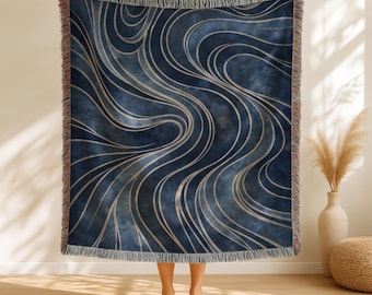 Manta tejida azul / Manta de olas / Tapiz abstracto / Manta moderna / Manta azul / Pátina / Manta para sofá / Regalos oceánicos