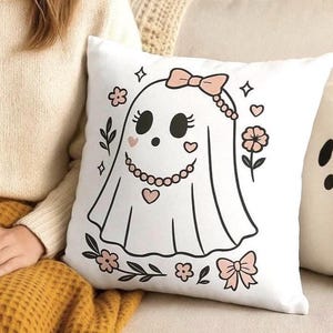 Coquette Ghost Pillow Cover | Kawaii Coquette Halloween Decor | Pink Girly Spooky Throw Pillow for Fall Couch or Bedroom Aesthetic