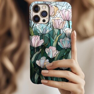 Stained Glass Tulip iPhone Case – Floral Phone Cover for iPhone 13, 14, 15  16– Elegant Art Nouveau Style Case |Gift for Her | Tulip Mosaic