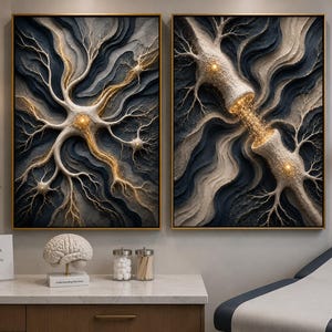 May include: Two framed wall art pieces featuring abstract, textured depictions of neurons and synaptic connections in shades of dark blue, cream, and gold. The artwork displays intricate, branching structures with glowing golden light points.