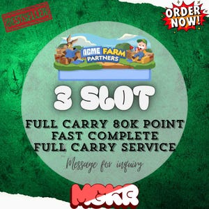 Peut inclure: Un graphique numérique pour Acme Farm Partners avec un coyote et un fermier en dessin animé. Le texte indique 3 SLOT, FULL CARRY 80K POINT, FAST COMPLETE, FULL CARRY SERVICE, et Message for inquiry, avec des étiquettes BESTSELLER et ORDER NOW.