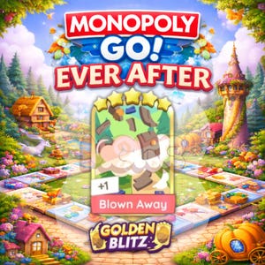 May include: A digital game card titled Blown Away featuring a five-star rating, a plus one indicator, and a central illustration of swirling brown debris and pink clouds set against a vibrant, colorful fantasy landscape with a game board.
