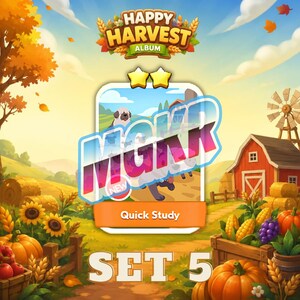Op de afbeelding: Een digitale spelkaart getiteld Happy Harvest Album Set 5 Quick Study met een centrale illustratie van een hond op een boerderij. De kaart toont twee gele sterren bovenaan, een groot MGKR-logo en een kleine rode NEW-badge linksonder.