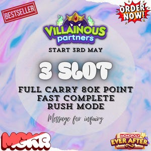May include: A promotional graphic for "Villainous Partners" with text including "3 SLOT", "FULL CARRY 80K POINT", and "RUSH MODE". The design features a colorful background with the words "ORDER NOW!" and "BESTSELLER".