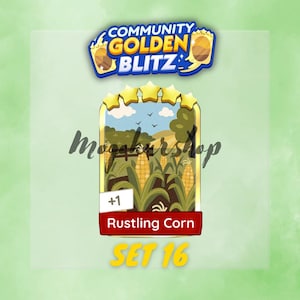 May include: A digital game card titled Rustling Corn from Set 16, featuring a five-star rating and a rural landscape illustration of a cornfield under a blue sky. The card includes a +1 indicator and is topped by a Community Golden Blitz logo.