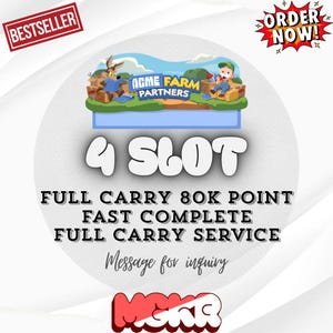 Może przedstawiać: Cyfrowa grafika dla Acme Farm Partners przedstawiająca kojota i rolnika w stylu kreskówkowym. Tekst zawiera 4 SLOT, FULL CARRY 80K POINT, FAST COMPLETE, FULL CARRY SERVICE oraz Message for inquiry. Zawiera etykiety BESTSELLER i ORDER NOW.