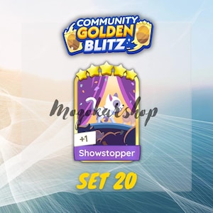 May include: A trading card with a cartoon image of a white cat on a stage, labeled "Showstopper" and "SET 20". The card has a purple and gold border, with the text "COMMUNITY GOLDEN BLITZ" at the top.