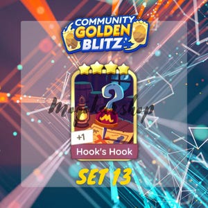 May include: A card from the "Community Golden Blitz" game, featuring a question mark, a lantern, and the text "Hook's Hook". The card has a gold border and is labeled "SET 13".