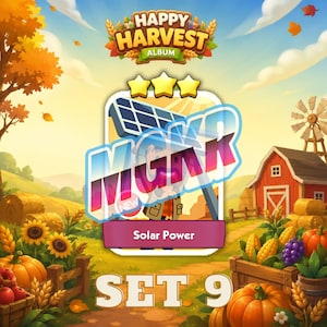 May include: A digital game card titled Happy Harvest Album Set 9 Solar Power featuring a central illustration of a solar panel and a character, with a background of a farm, pumpkins, sunflowers, and a red barn under a bright sky.