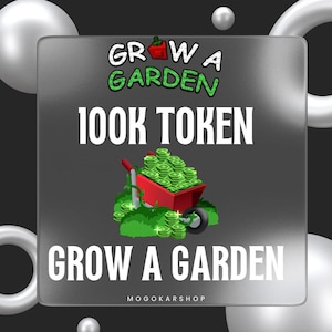 Op de afbeelding: Een vierkant metalen bord met de tekst GROW A GARDEN en een rode kruiwagen gevuld met groene penningen. Daaronder staan de teksten 100K TOKEN en GROW A GARDEN in het wit. Onderaan in het midden staat de tekst MOGOKARSHOP in een klein lettertype.
