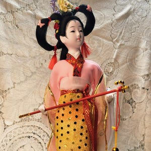 Asian Silk Doll, Elegant Geisha In Ornate Kimono with Fire Red Lantern