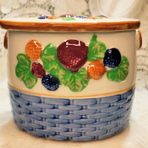 Japanese Woven Fruit Basket Canister, Cookie Jar, Ceramic